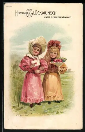 Präge-AK Mädchen auf einer Wiese mit einem Brief und einem Blumenstrauss, Namenstag