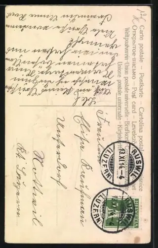 Präge-AK Mädchen auf einer Wiese mit einem Brief und einem Blumenstrauss, Namenstag