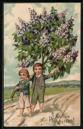 Präge-AK Jungen tragen einen Fliederstrauch nach Hause, Frohes Pfingstfest