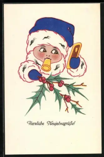 AK Kind hält Stechpalmenzweig und Lebkuchen in der Hand, Neujahr