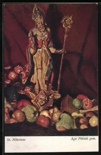 AK Stillleben mit Nikolaus, Äpfeln und Nüssen