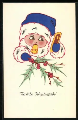 AK Kind mit winterfester Kleidung hält Stechpalmenzweig in der Hand, Neujahr