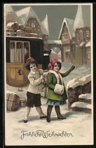 AK Kinder vor Postkutsche im Schnee, Fröhliche Weihnachten