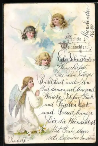 Lithographie Betender Weihnachtsengel und Weihnachtsengel im Himmel, Fröhliche Weihnachten