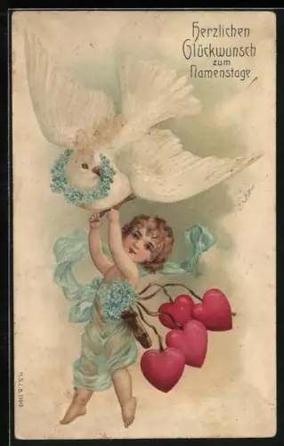 Präge-AK Kleiner Amor klammert sich an eine weisse Taube, Namenstag