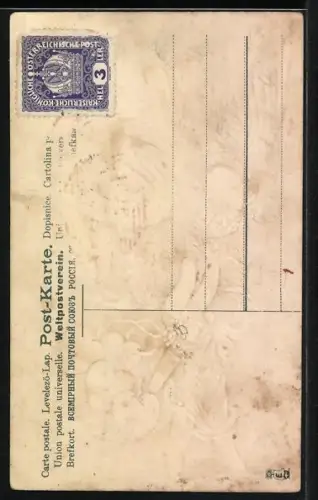 Präge-AK Kleiner Amor klammert sich an eine weisse Taube, Namenstag