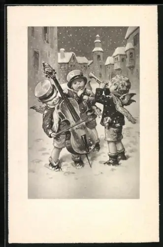 AK Weihnachtsengel musizieren in der Strasse im Schnee