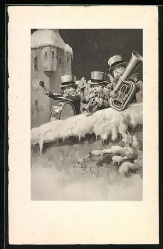 AK Drei Weihnachtsengel musizieren im Schnee