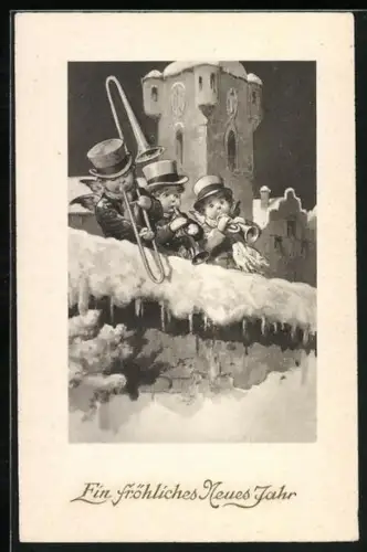 AK Drei Neujahrsengel musizieren im Schnee, Ein fröhliches Neues Jahr