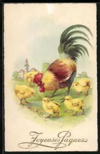 AK Hahn mit fünf Osterküken auf einer Wiese, Joyeuses Paques
