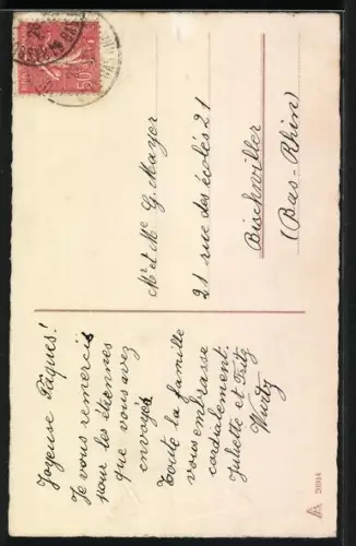 AK Hahn mit fünf Osterküken auf einer Wiese, Joyeuses Paques