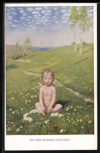 Künstler-AK Aus den Wolken gefallen, Engel sitzt verdutzt auf einer Wiese
