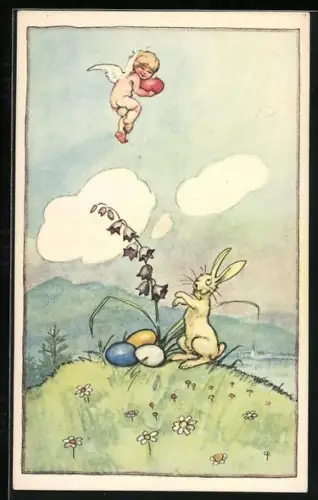 AK Osterengel stiehlt ein Osterei vom Osterhasen