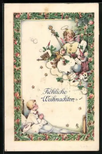 AK Betendes Kind und Weihnachtsengel mit Geschenken, Fröhliche Weihnachten