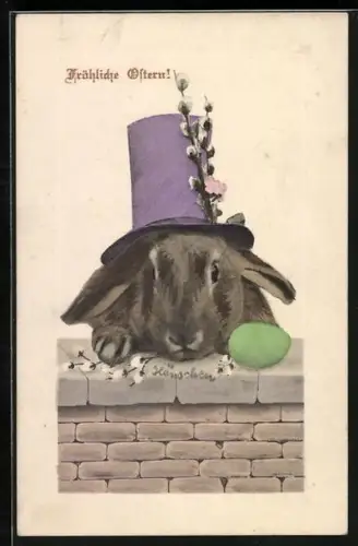 AK Osterhase mit einem Hut auf einer Mauer, Fröhliche Ostern