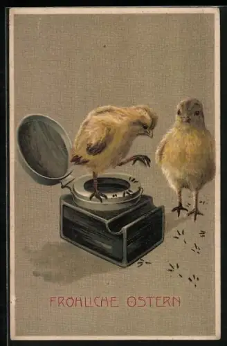 Präge-AK Zwei Osterküken mit einem Tintenfasse, Fröhliche Ostern