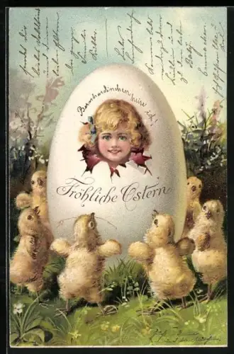 Lithographie Osterküken tanzen um Mädchen im Ei, Fröhliche Ostern
