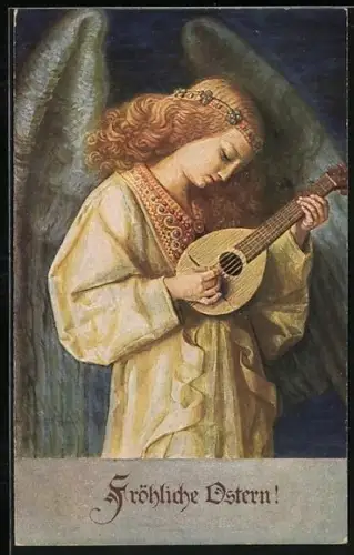 AK Osterengel auf einer Laute spielend, Fröhliche Ostern