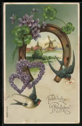 AK Fröhliche Pfingsten, Hufeisen mit Schwalben und Herzen aus Vergissmeinnicht