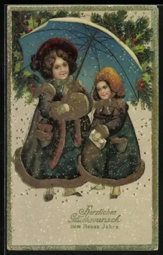 AK Zwei Kinder in Winterkleidung im Schnee, Herzlichen Glückwunsch zum Neuen Jahre