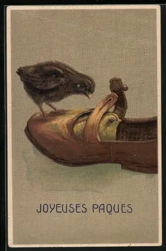 AK Osterküken verstecken sich in einem Schuh, Joyeuses Paques