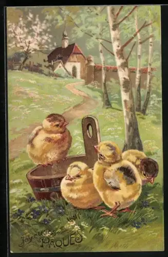 AK Osterküken auf einem Holzeimer, Joyeuses Paques