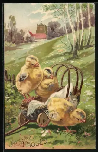 Präge-AK Drei Osterküken mit einer kleinen Kutsche, Joyeuses Paques