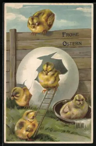 Präge-AK Osterküken mit einem aufgebrochenen Osterei, Frohe Ostern