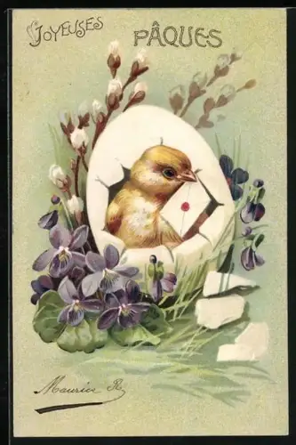 Lithographie Osterküken mit Brief im Ei, Weidenkätzchen und Veilchen, Joyeuses Paques