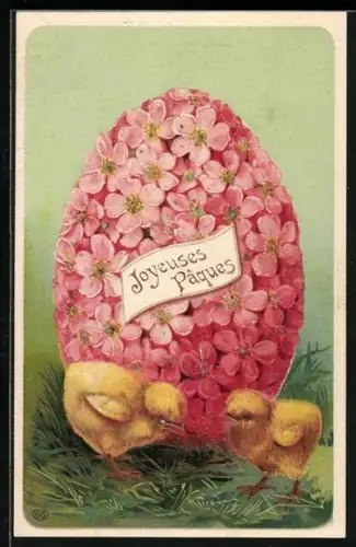 Präge-AK Zwei Osterküken vor einem Ei aus rosanen Blumen, Joyeuses Paques