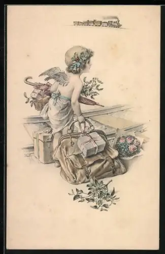 AK Engel mit Gepäck wartet auf dem Zug