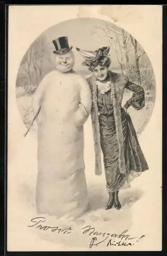 AK Dame Arm in Arm mit einem Schneemann, Prosit Neujahr