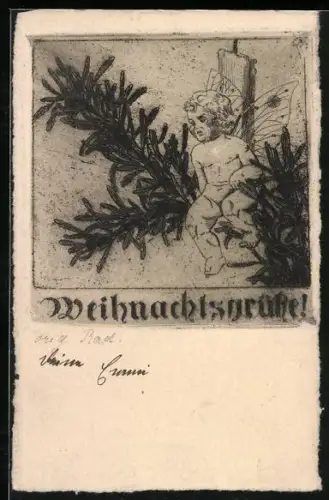 AK Weihnachtselfe mit Tannenzweigen, Weihnachtsgrüsse