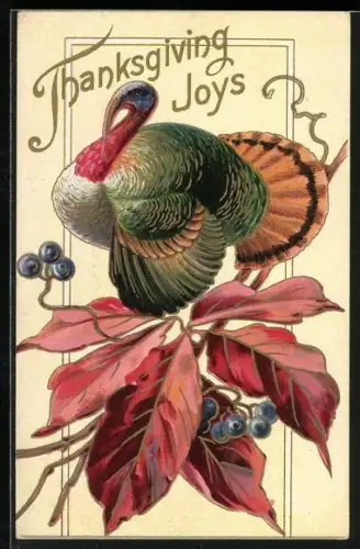 AK Truthahn mit roten Blättern und Beeren, Thanksgiving Joys
