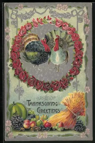 Präge-AK Truthahn-Paar in einem Kranz aus Rosen, Thanksgiving Greetings