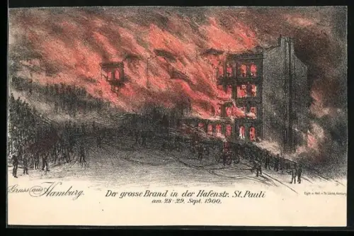 Künstler-AK Hamburg-St. Pauli, Brand in der Hafenstrasse am 28.-29. September 1900