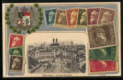 AK München, Karlstor-Rondell, Stadtansicht, bayerische Briefmarken