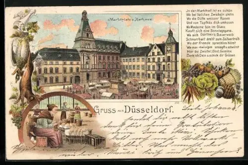 Lithographie Düsseldorf, Marktplatz, Rathaus, Markthalle