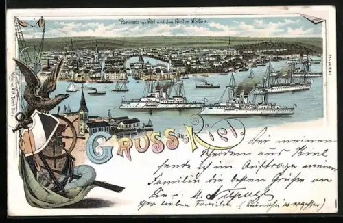 Lithographie Kiel, Panorama von Kiel und dem Kieler Hafen