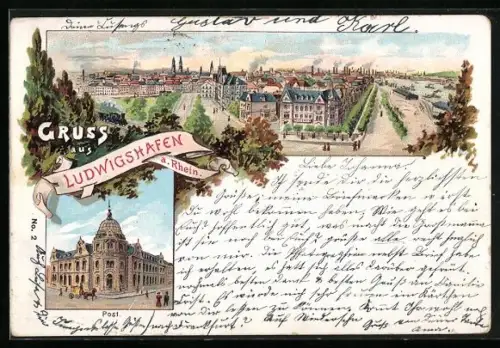 Lithographie Ludwigshafen a. Rhein, Stadtansicht, Postamt