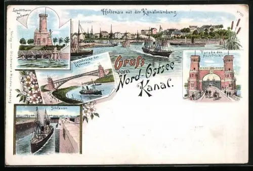 Lithographie Holtenau, Leuchtturm, Hochbrücke, Schleuse, Kanalmündung