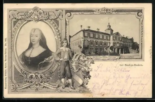 Lithographie Baden-Baden, Schloss Favorite, Porträt der Markgräfin Sibylla Augusta