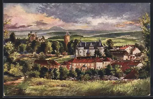 Künstler-AK Blâmont, Abend über Schloss und Ruine