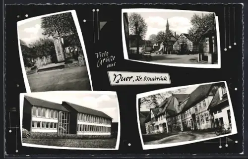 AK Buer b. Melle, Blick zur Kirche, Denkmal, Schulgebäude