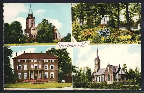AK Nortrup i. H., Die Kath. und die Ev. Kirche, Das Kriegerdenkmal, Schloss Laxten