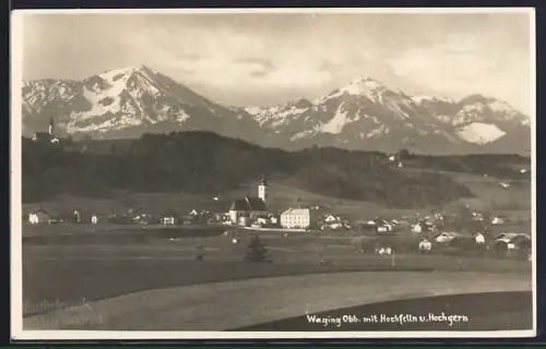 AK Waging /Obb., Ortsansicht mit Hochfelln und Hochgern