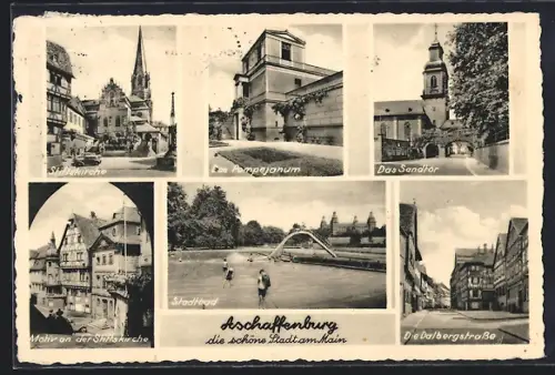 AK Aschaffenburg, Stiftskirche, Pompejanum, Sandtor, Dalbergstrasse, Stadtbad