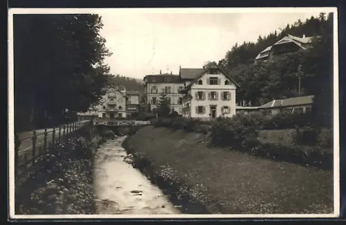 AK Bad Rippoldsau /bad. Schwarzwald, Ortsansicht am Bach, Kurhaus