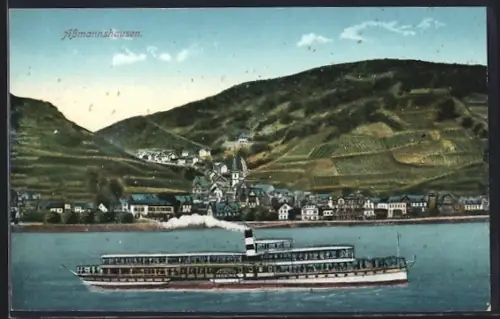 AK Assmannshausen, Ortsansicht, Dampfschiff auf dem Rhein