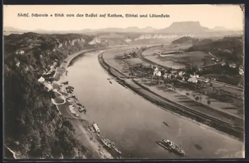 AK Rathen /Sächs. Schweiz, Blick von der Bastei auf Rathen, Elbtal, Lilienstein